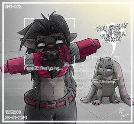 anthro belt black_hair bottomwear brown_body brown_fur camera_view clothing cybernetic_arm cybernetic_limb duo female fur hair jacket markings mask mechanical_arm pants pink_markings red_eyes teeth text topwear slavv0 bandai_namco digimon digimon_beatbreak digimon_(species) lopmon wolvermon 2026 digital_media_(artwork) english_text