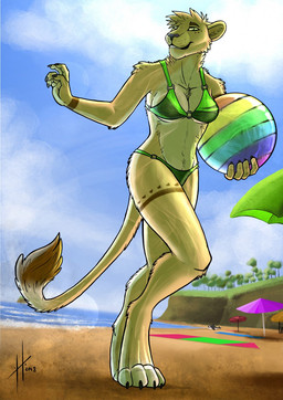 anthro arm_tuft bikini butt_tuft cheek_tuft clothed clothing facial_tuft female female_anthro front_view fur green_bikini green_clothing green_eyes green_swimwear holding_beach_ball leg_tuft looking_at_viewer shoulder_tuft slim_anthro slim_female smile solo standing swimwear tail tail_tuft tuft two-piece_swimsuit yellow_body yellow_fur yellow_tail hufnaar felid lion mammal pantherine 2018 dated hi_res