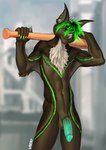 anthro balls brown_body brown_fur claws ear_piercing ear_ring fur genitals green_body green_claws green_eyes green_fur green_hair green_penis hair male membrane_(anatomy) midriff multicolored_hair navel neon patagium penis piercing ring_piercing smile solo standing two_tone_hair variri neon_(specterdragon) bat mammal 2022 digital_media_(artwork) hi_res