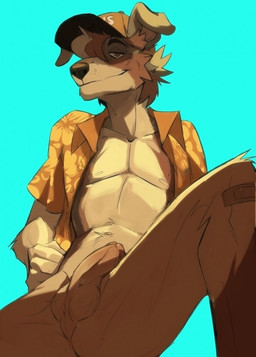 aloha_shirt anthro athletic athletic_anthro athletic_male balls band-aid bandage bottomless bottomless_anthro bottomless_male clothed clothing erection genitals hat headgear headwear humanoid_genitalia humanoid_penis looking_at_viewer male male_anthro open_clothing open_shirt open_topwear pattern_clothing pattern_shirt pattern_topwear penis shirt simple_background smile solo spread_legs spreading topwear heromule turner_(turnerincali) australian_shepherd canid canine canis domestic_dog herding_dog mammal pastoral_dog sheepdog 2021 hi_res