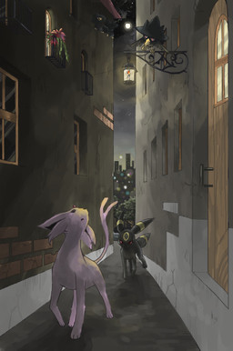 alley ambiguous_gender biped clothing detailed_background duo_focus feathered_wings feathers feral group hat headgear headwear mostly_nude night nude outside purple_eyes quadruped rape_face red_eyes tail wings 月光ホタル＠ついった nintendo pokemon avian bird canid canine eeveelution espeon generation_2_pokemon mammal murkrow pokemon_(species) umbreon 2008 digital_media_(artwork)