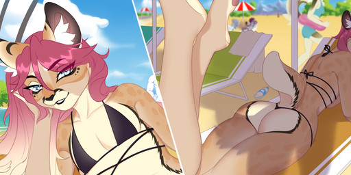 alcohol anthro bangs beach beverage bikini black_bikini black_clothing black_swimwear blonde_hair butt clothing cocktail day eyelashes female group hair holding_object inner_ear_fluff long_eyelashes long_hair looking_at_viewer lying male male_focus markings multicolored_hair multiple_poses on_front on_side outside pink_hair pose sand sea smile solo_focus spots spotted_markings swimwear tail tuft two-piece_swimsuit two_tone_hair water white_eyes batya felid feline mammal 2022 colored digital_drawing_(artwork) digital_media_(artwork) hi_res shaded