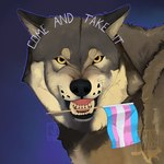 angry bared_teeth blue_background brown_body brown_fur feral flag flag_(object) frown fur holding_flag holding_object holding_object_in_mouth lgbt_pride looking_at_viewer male pride_colors scowl simple_background solo text transgender_pride_colors spookyfigures canid canine canis mammal wolf 1:1 english_text hi_res