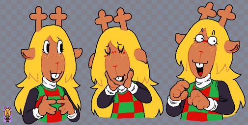 4_fingers anthro antlers blonde_hair blush brown_body brown_fur buckteeth checkered checkered_background checkered_clothing checkered_topwear clothing eyes_closed female fingers freckles fur hair hand_on_cheek horn long_face long_hair open_mouth pattern_background pattern_clothing pattern_topwear red_nose simple_background smile solo sprite surprised sweater teeth topwear wide_eyed asepriterico deltarune undertale_(series) noelle_holiday deer mammal new_world_deer reindeer 2025 digital_media_(artwork) half-length_portrait hi_res pixel_(artwork) portrait reference_image