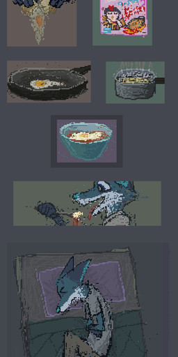 anthro appliance bed blue_body blue_fur blue_nose bottomwear bowl brown_bottomwear brown_clothing brown_pants clothed clothing container egg food fur furniture grey_clothing grey_shirt grey_t-shirt grey_topwear lying male on_bed on_side pain pants shirt solo stove t-shirt topwear demensa buldak samyang_foods emil_(demensa) canid canine canis coyote domestic_dog hybrid mammal comic digital_media_(artwork) hi_res pixel_(artwork)