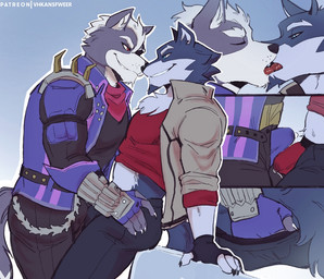 anthro anthro_on_anthro bodily_fluids bottomwear bulge bulge_frottage clothed clothing cutaway duo erection erection_under_clothing facial_hair french_kissing fur genital_fluids grey_body grey_fur hair jacket kissing male male/male open_bottomwear open_clothing open_pants pants shirt simple_background tail topwear underwear vhkansfweer nintendo rimba_racer star_fox pike_(rimba_racer) wolf_o'donnell canid canine canis mammal wolf 2023 crossover