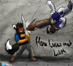 action_pose action_scene anthro black_hair black_tail_tip blocking blue_clothing blue_hair blue_shirt blue_topwear blue_vest bottomwear brown_body brown_bottomwear brown_clothing brown_footwear brown_pants brown_shoes brown_skin clothed clothed_anthro clothed_female clothed_humanoid clothing dipstick_tail female fight flying_kick footwear fox_tail fur grey_body grey_bottomwear grey_clothing grey_fur grey_pants hair holding_melee_weapon holding_object holding_sword holding_weapon kick male markings melee_weapon midair multicolored_body multicolored_fur pants ponytail pose purple_clothing purple_eyes purple_robe robe shirt shoes stone_floor stone_wall sword tail tail_markings text topwear vest wall_(structure) weapon white_tail_tip yellow_clothing yellow_shirt yellow_topwear sinisterslyfox lilith_ashbluff lucas_vulperosa animal_humanoid canid canid_humanoid canine canine_humanoid felid fox_humanoid humanoid mammal mammal_humanoid pantherine snow_leopard english_description english_text hi_res shaded soft_shading