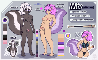 accessory alcohol alternate_form anthro armbands_(marking) average_penis balls bartender beverage breasts clothing ear_piercing gauged_ear genitals gynomorph hair hair_accessory intersex lingerie makeup markings nipples nude piercing pink_hair ponytail purple_eyes solo streamers striped_markings striped_tail stripes tail tail_markings text underwear emberdragon emberdragondog human humanoid mammal mephitid skunk english_text hi_res model_sheet trans_(lore)