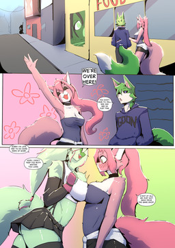 anthro big_breasts black_bottomwear black_clothing black_legwear black_sclera black_skirt black_thigh_highs blue_eyes blush bottomwear breast_squish breasts breasts_frottage butt cleavage clothed clothed_anthro clothed_female clothed_male clothing cosplay crop_top dark_sclera dialogue female fluffy fluffy_tail fur green_body green_eyes green_fur hair hoodie legwear long_hair male multicolored_body multicolored_fur open_mouth outside pink_body pink_fur pink_hair shirt simple_background skirt smile squish sunny sweater tail text thigh_highs topwear two_tone_body two_tone_fur white_body white_clothing white_crop_top white_fur white_topwear lizzard_sama nintendo pokemon daisy_(katson) lily_(katson) shadow_(katson) domestic_cat felid feline felis generation_9_pokemon mammal pokemon_(species) sprigatito absurd_res comic english_text hi_res brother_(lore) brother_and_sister_(lore) cousins_(lore) sibling_(lore) sister_(lore)