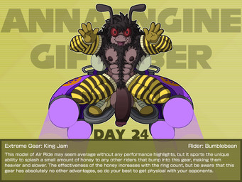 abs antennae_(anatomy) anthro arm_tuft armwear balls bent_legs big_penis black_hair body_hair brown_balls brown_body brown_clothing brown_fur brown_penis chest_hair chest_tuft circumcised clothed clothing crouching elbow_gloves extreme_gear fangs flaccid fluffy fluffy_hair footwear front_view fur genitals gloves gradient_penis hair handwear happy_trail hovercraft humanoid_genitalia humanoid_penis legwear looking_at_viewer male mostly_nude multicolored_body multicolored_fur muscular muscular_anthro muscular_male navel nipples nude open_mouth partially_clothed pattern_clothing pattern_legwear pecs penis pose presenting presenting_penis pubes raised_arms red_eyes shoes shoulder_tuft simple_background small_wings smile solo stockings striped_clothing striped_legwear stripes teeth text tuft twunk vehicle wings yellow_background yellow_clothing annaengine inktober arthropod bee canid canine canis domestic_dog hybrid hymenopteran insect mammal 2025 4:3 digital_media_(artwork) english_text hi_res
