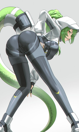 bent_over black_clothing black_gloves black_handwear breasts butt camel_toe clothing female fingerless_gloves gloves green_eyes green_hair grey_background hair hand_on_leg handwear hood jacket long_hair looking_at_viewer medium_breasts one_eye_visible ponytail simple_background solo tail tongue tongue_out topwear rd_y97 arknights arknights_endfield hypergryph studio_montagne fluorite_(arknights) animal_humanoid humanoid reptile reptile_humanoid scalie scalie_humanoid snake_humanoid 3:5 colored digital_drawing_(artwork) digital_media_(artwork) hi_res shaded