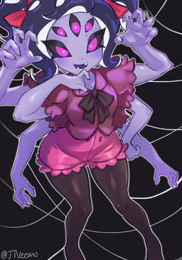 claws clothing fangs female fusion legwear multi_arm multi_eye multi_limb pantyhose purple_eyes red_ribbon smile solo standing teeth jtveemo nintendo splatoon undertale undertale_(series) muffet octoling_girl arachnid arthropod cephalopod humanoid marine mollusk octarian octoling spider crossover