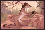 2011 anthro bdsm biped bondage border bound breasts deer detailed_background female forest hooves kneeling looking_at_viewer mammal nature navel nipples nude outside plant red_border seskata small_breasts solo submissive submissive_female tree tree_bondage wood