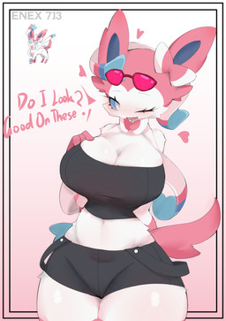 accessory anthro asking big_breasts biped black_clothing blue_sclera bottomwear bow_accessory bow_ribbon bow_tie breasts cleavage clothed clothing curvy_figure dialogue eyebrows eyelashes eyewear facial_tuft female fingers front_view fully_clothed hair_accessory hair_bow hair_ribbon hand_on_breast heart_symbol hourglass_figure looking_at_viewer multicolored_body narrowed_eyes navel one_eye_closed open_mouth pink_ears pink_tail ribbons shorts simple_background solo sunglasses tail text thick_thighs tight_clothing topwear tuft white_body white_eyes wide_hips enexofme nintendo pokemon eeveelution generation_6_pokemon mammal pokemon_(species) sylveon 2025 absurd_res artist_name dated digital_drawing_(artwork) digital_media_(artwork) english_text hi_res reference_image