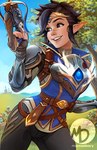 5_fingers alternate_species armor black_hair clothing day female fingers flower grass hair holding_object holding_weapon humanoid_pointy_ears humanoidized light_body light_skin not_furry plant pointy_ears solo teeth tree weapon momodeary blizzard_entertainment overwatch tracer_(overwatch) elf humanoid signature