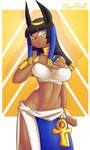 ankh anthro big_breasts blue_eyes blush bracelet breasts female jewelry midriff navel simple_background solo allentrap lighttrap egyptian_mythology middle_eastern_mythology mythology zenonzard anbs-02 anubis canid canine canis deity jackal mammal hi_res