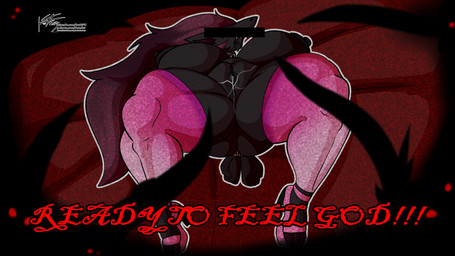 anthro bdsm bed big_breasts black_nipples bondage bound breasts clothing female footwear furniture genitals high_heels huge_breasts in_front legwear nipples pleased presenting red_eyes satanic shoes static tentacles text thigh_highs vulva kopy_k nintendo pokemon demon generation_4_pokemon generation_5_pokemon giratina legendary_pokemon pokemon_(species) zoroark 16:9 absurd_res hi_res widescreen