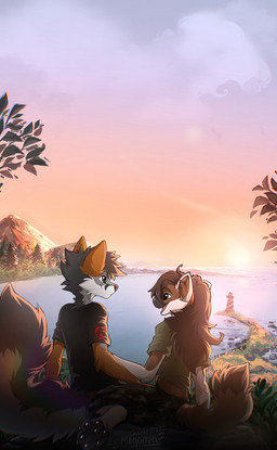 anthro biped bottomwear butt claws clothed clothed_anthro clothed_female clothed_male clothing duo feet female fully_clothed fully_clothed_anthro fully_clothed_female fully_clothed_male fur hair male outside paws rear_view sitting sky smile tail teeth toes tongue topwear water magenta7 canid canine fox mammal mustelid musteline stoat true_musteline weasel 2026 digital_drawing_(artwork) digital_media_(artwork) hi_res