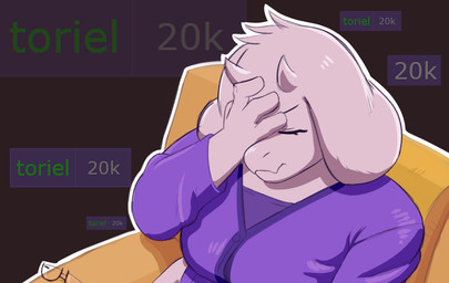 2_horns angry anthro breasts button_(fastener) chair clothed clothed_anthro clothed_female clothing dress e621_tags eyelashes eyes_closed eyewear facepalm female female_anthro fingers front_view fur furniture glasses glasses_off head_horn horn humor mouth_closed on_chair purple_clothing purple_shirt purple_topwear shirt sitting sitting_on_chair solo tag_count topwear white_body white_ears white_fur white_horn renabu e621 undertale undertale_(series) chairiel toriel boss_monster_(undertale) bovid caprine goat mammal 2026 digital_media_(artwork)