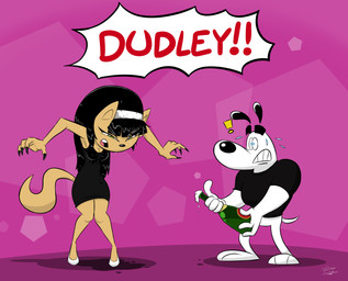 alcohol anthro beverage bottle breasts champagne cleavage clothed clothing container cork_popping dress duo exclamation_point female footwear hair high_heels holding_bottle holding_container holding_object male nipple_outline shoes wet_hair thaman nickelodeon t.u.f.f._puppy dudley_puppy kitty_katswell canid canine canis domestic_cat domestic_dog felid feline felis mammal 2015 hi_res