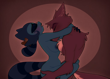 anthro anthro_on_anthro blue_body blue_fur blush breast_play breasts duo female fur kiss_on_breast kissing looking_pleasured male male/female nude nude_anthro nude_female nude_male passionate red_body red_fur romantic romantic_ambiance romantic_couple romantic_sex sex standing standing_sex straddling frazzy_bear cazadora_(rentonreverb) dandy_(rentonreverb) canid canine canis coyote mammal procyonid raccoon hi_res