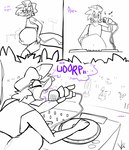 after_vore anthro belly big_belly burping clothing dialogue digestion electronics fully_inside hat headgear headwear male microphone snuff text vore topazknight jack_(topazknight) lizard reptile scalie comic english_text hi_res