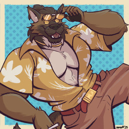 5_fingers abs aloha_shirt anthro belt bottomwear brown_body brown_bottomwear brown_clothing brown_fur brown_hair brown_pants cigarette_in_hand clothed clothing eyewear fingers fur geometric_background gold_(metal) gold_jewelry gold_necklace hair jewelry looking_aside male manly muscular muscular_anthro muscular_male necklace open_clothing open_mouth open_shirt open_smile open_topwear pants pattern_clothing pattern_shirt pattern_topwear pointy_ears shirt simple_background smile solo sunglasses sunglasses_on_face tail teeth text topwear wearing_sunglasses white_body white_fur yellow_eyes nanoff bruno_(nanoff) canid canine canis domestic_dog german_shepherd herding_dog mammal pastoral_dog 1:1 2025 artist_name colored dated digital_media_(artwork) english_description hi_res