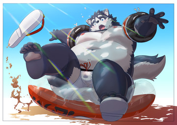 anthro belly blue_eyes blush bottomwear bulge butt clothing eyebrows footwear fur grey_body grey_fur inflatable male moobs navel nipples overweight overweight_male pool_float sand sandals shoes shorts solo swim_ring tearing_clothing thick_eyebrows torn_clothing kemoniku120 tamacolle harima canid canine canis domestic_dog mammal absurd_res hi_res