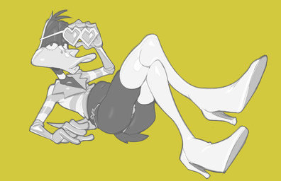 4_fingers anthro armwear beak bedroom_eyes boots bulge clothed clothing crossed_legs elbow_gloves fingers footwear gloves handwear heart_sunglasses high_heeled_boots high_heels legs_up legwear looking_at_viewer lying male narrowed_eyes on_back pantsless seductive shoes simple_background skimpy slim solo thigh_boots thigh_highs toony topwear underwear yellow_background submarine_screw looney_tunes warner_brothers daffy_duck anatid anseriform avian bird duck 2026 digital_media_(artwork) hi_res monochrome
