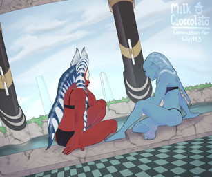 black_bra black_clothing black_panties black_underwear blue_body blue_skin bra breasts brown_eyes butt clothing duo eyebrows eyelashes facial_markings feet female head_markings lekku_(anatomy) markings nipple_outline not_furry panties red_body red_skin side_boob sitting underwear milk_cioccolato star_wars aayla_secura shaak_ti alien alien_humanoid humanoid togruta twi'lek 2025 hi_res