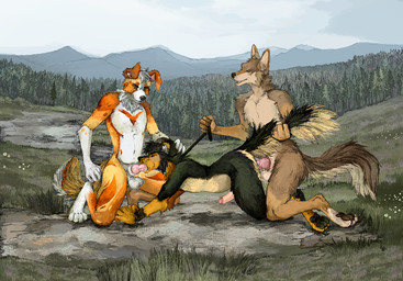 all_fours anal anal_penetration animal_genitalia animal_penis anthro anthro_on_anthro anthro_penetrated anthro_penetrating anthro_penetrating_anthro arms_tied asphyxiation backsack balls bdsm bodily_fluids bondage bound brown_body canine_genitalia canine_penis cum cum_in_mouth cum_inside detailed_background dirt erection eyes_closed fellatio foreskin forest forest_background genital_fluids genitals grabbing_head grass group group_sex head_grab humanoid_genitalia humanoid_penis kneeling knot knotted_penis male male/male male_anthro male_penetrated male_penetrating male_penetrating_male mmm_threesome multicolored_body nude_anthro nude_male oral orange_body outside pain pawpads paws penetration penile penile_penetration penis penis_in_ass penis_in_mouth plant questionable_consent restraints rope rope_bondage sex sheath tail tail_grab tan_body threesome tree trio white_body jeffusherb kanon_(applejacksville) tukamos_(character) canid canine canis domestic_dog mammal hi_res
