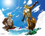 anthro blonde_hair brown_body brown_fur bulge claws clothed clothing detailed_background duo eyewear fur glasses grin hair long_hair looking_at_viewer male muscular nipples outside sea seascape seaside short_hair skimpy sky smile spandex speedo surf swimwear teeth tight_clothing water numwolf jcfox surfurry canid canine fox mammal hi_res