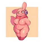 anthro breasts brown_eyes electronics female headphones paws pink_body scarf smile solo lightmizano bandai_namco digimon cutemon digimon_(species) 1:1 hi_res