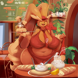 anthro anthrofied belly big_belly big_breasts blush bra bread breasts chair clothed clothing curvy_figure dessert detailed_background eyes_closed female food furniture hat headgear headwear holding_object huge_breasts huge_hips inside light midriff open_mouth open_smile plant pokemorph red_clothing red_hat red_headwear smile solo table thick_thighs underwear voluptuous wide_hips hurikata nintendo pokemon pokemon_cafe_remix generation_4_pokemon lopunny pokemon_(species) 1:1 colored half-length_portrait hi_res lighting portrait shaded