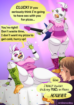 anthro avian_feet beak beakstick big_breasts big_butt bracelet breasts butt camel_toe clothing dialogue duo ear_piercing eyelashes eyeshadow facial_markings feathers female front_view furgonomics furniture gesture green_clothing green_legwear guitar hand_gesture head_feathers head_markings head_tuft holding_guitar holding_musical_instrument holding_object inviting_to_sex jewelry legwear leotard lipstick looking_at_viewer looking_back looking_back_at_viewer lying machine makeup male markings musical_instrument navel_outline on_back on_table one_eye_closed open_mouth open_smile pattern_clothing pattern_legwear piercing pink_bow pink_clothing pink_eyes pink_eyeshadow pink_legwear pink_leotard pink_lipstick plucked_string_instrument rear_view sharp_teeth shoulder_pads slightly_chubby smile speech_bubble string_instrument studded_bracelet studded_jewelry studs table teeth text thick_thighs tuft v_sign white_body white_feathers wide_hips wink winking_at_viewer artidemonboy five_nights_at_freddy's five_nights_at_freddy's:_security_breach scottgames steel_wool_studios glamrock_chica animatronic avian bird chicken galliform human mammal phasianid robot absurd_res english_text hi_res meme