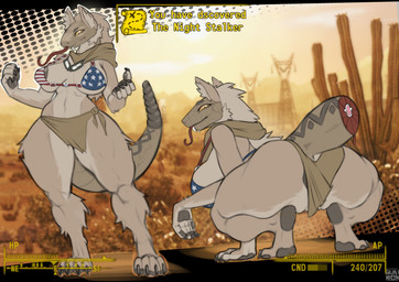 anthro bottomwear bra breasts clothing crouching dog_tags female gameplay_mechanics loincloth solo text underwear albinion fallout microsoft night_stalker_(fallout) absurd_res english_text hi_res