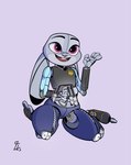 anthro female floppy_ears gesture grey_body inline_skates kneeling lop_ears machine purple_eyes roller_skates smile solo waving bl394 disney zootopia judy_hopps robo_judy animatronic lagomorph leporid mammal rabbit robot robot_anthro 2023 hi_res