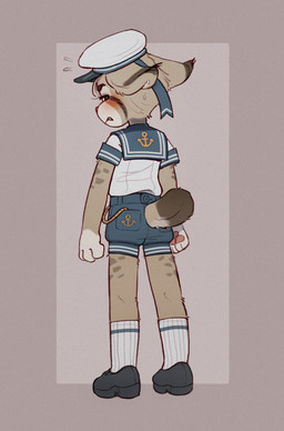 anthro black_clothing black_footwear black_shoes bottomwear clothing embarrassed footwear fur grey_body grey_fur knee_highs legwear male rear_view sailor_uniform short_sleeves shorts standing skidoo minnow_(skidoo) felid feline lynx mammal absurd_res hi_res