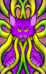 ambiguous_gender feral fur open_mouth psychedelic purple_body purple_fur solo striped_body stripes yellow_eyes insaneproxy_(artist) felid feline mammal absurd_res hi_res