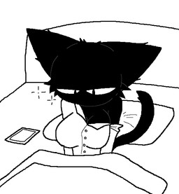 anthro bed bedding black_body black_fur black_tail blanket breasts cleavage clothed clothing electronics exposed_shoulder female fur furniture half-closed_eyes looking_down messy_fur mouthless narrowed_eyes pajamas phone pillow simple_background solo tail tired white_background white_blanket white_pajamas sabgong vingo_(sabgong) domestic_cat felid feline felis mammal monochrome