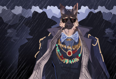 anthro cigar clothing coat eyewear jewelry looking_at_viewer male necklace raining scar silhouette solo_focus sunglasses topwear delax canid canine canis domestic_dog mammal hi_res