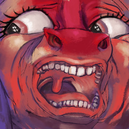 ambiguous_gender anthro close-up front_view looking_aside open_mouth parody red_body red_eyes snout solo teeth uvula sebek_fereh_ra cavemanon_studios i_wani_hug_that_gator in_the_court_of_the_crimson_king king_crimson dinosaur prehistoric_species reptile scalie 1:1 album_cover colored cover shaded