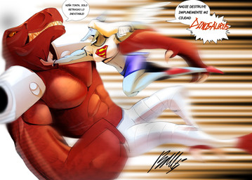 5_fingers abs abstract_background amber_eyes anthro blue_bottomwear blue_clothing blue_skirt bone_frill bottomwear breasts claws clothing cosplay crop_top crossover_cosplay dialogue duo feathered_wings feathers female fight finger_claws fingers flying footwear frill_(anatomy) gloves grey_body grey_hair grey_scales hair handwear long_hair male midriff muscular muscular_anthro muscular_male navel neck_grab open_mouth pecs red_body red_clothing red_footwear red_scales red_shoes scales sharp_teeth shirt shoes short_tail shoulder_armor skirt snout superman_logo t-shirt tail teeth text topwear white_clothing white_gloves white_handwear white_shirt white_t-shirt white_topwear wings beltimerperbus cavemanon_studios dc_comics goodbye_volcano_high image_comics invincible_(image_comics) ko_op_(game_developer) snoot_game superman_(series) dinosaurus_(invincible) fang_(gvh) supergirl alien dinosaur prehistoric_species pterosaur reptile saurischian scalie theropod 2025 crossover digital_drawing_(artwork) digital_media_(artwork) hi_res signature spanish_text translation_check translation_request