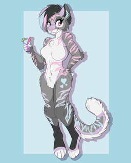 anthro arm_tuft beverage calf_tuft cheek_tuft elbow_tuft facial_tuft female fur gradient_stripes grey_body grey_fur hair heart_(marking) hip_tuft holding_object inner_ear_fluff leg_tuft looking_away markings multicolored_body multicolored_fur multicolored_hair multicolored_tail pink_eyes pink_nose short_hair shoulder_tuft smile solo standing stripes tail three-quarter_view toony tuft strawberrywolv aurora_(strawberrywolv) felid feline mammal pantherine tiger 2026 4:5 absurd_res flat_colors hi_res