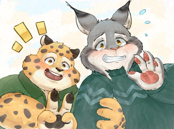 anthro bodily_fluids clothing duo gesture hand_gesture male pawpads smile sweat sweatdrop sweater teeth topwear v_sign 10_cosmo_24 disney zootopia benjamin_clawhauser pawbert_lynxley canada_lynx cheetah felid feline lynx mammal hi_res