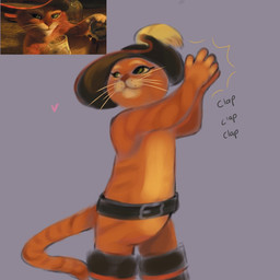 4_fingers anthro belt boots clapping clothing eyeliner fingers footwear fur green_eyes grey_background hat headgear headwear heart_symbol looking_up makeup male orange_body orange_fur screencap shoes simple_background smile solo standing tail text whisker_spots whiskers boujinshi dreamworks puss_in_boots_(franchise) puss_in_boots_(dreamworks) domestic_cat felid feline felis mammal tabby_cat 1:1
