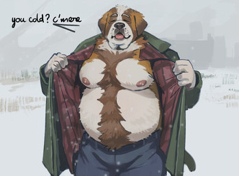 anthro areola barazoku belly belly_overhang belt big_belly big_moobs body_hair bottomwear chest_hair clothed clothing coat denim denim_bottomwear denim_clothing dialogue eyebrows eyes_closed flannel flannel_shirt front_view fur grey_background happy_trail inviting jeans male mature_anthro mature_male moobs nipples open_clothing open_coat open_shirt open_topwear outside overweight overweight_anthro overweight_male pants pubes shirt simple_background smile snow snowing solo standing talking_to_viewer text tongue topwear tuft winter lhjal2 canid canine canis domestic_dog mammal molosser mountain_dog saint_bernard 2025 english_text hi_res
