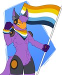 anthro aroace_pride_colors dotted_background flag flag_(object) fur gradient_background hair happy holding_flag holding_object kerchief lgbt_pride machine male neckerchief orange_visor pattern_background pride_color_flag pride_colors purple_body purple_fur purple_hair simple_background smile solo standing tail arcanemuun kylo_byte protogen 2024 absurd_res digital_drawing_(artwork) digital_media_(artwork) hi_res