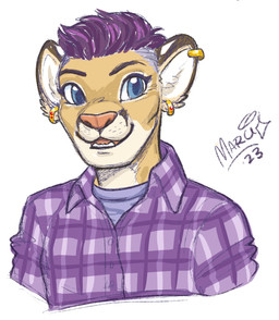 ambiguous_gender anthro blue_eyes button-down_shirt clothed clothing ear_piercing ear_ring eyebrows eyelashes flannel_shirt fur hair inner_ear_fluff open_mouth open_smile pattern_clothing pattern_shirt pattern_topwear piercing pink_nose pink_tongue plaid plaid_clothing plaid_shirt plaid_topwear purple_clothing purple_hair purple_shirt purple_topwear ring_piercing shaved_sides shirt short_hair simple_background smile solo tan_body tan_fur teeth tongue topwear tuft whisker_spots white_background white_inner_ear_fluff marci_mcadam cougar felid feline mammal 2024 bust_portrait colored_sketch digital_drawing_(artwork) digital_media_(artwork) hi_res portrait shaded sketch