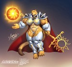 anthro armor cape claws clothing energy_ball female flying humanoid_hands looking_at_viewer muscular plantigrade agonwolfe felid feline humanoid lion mammal pantherine hi_res